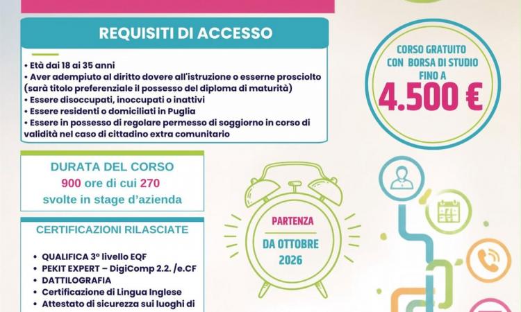 Locandina del corso gratuito per Addetto alla Segreteria, partenza ottobre 2026