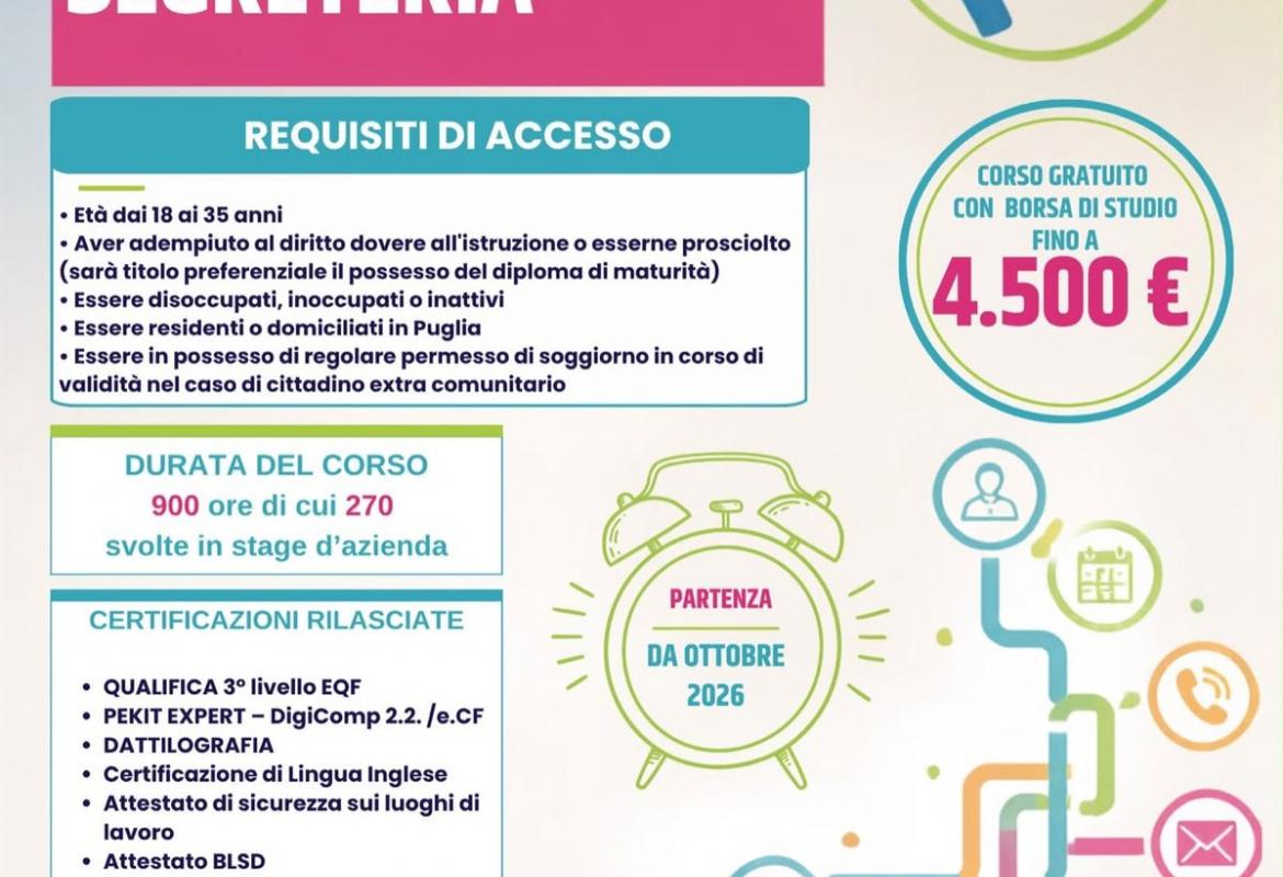 Locandina del corso gratuito per Addetto alla Segreteria, partenza ottobre 2026