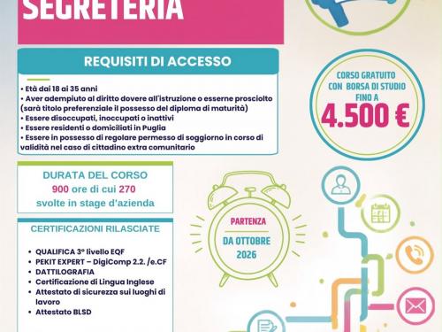 Locandina del corso gratuito per Addetto alla Segreteria, partenza ottobre 2026
