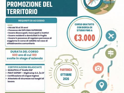 Locandina del corso gratuito per Tecnico di Marketing Turistico per la Promozione del Territorio, partenza ottobre 2026