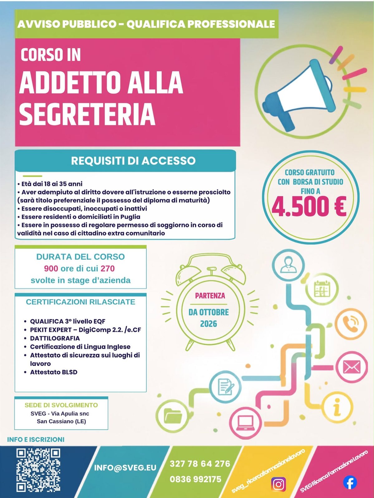 Locandina del corso: Addetto alla Segreteria, avviso pubblico qualifica professionale, partenza ottobre 2026